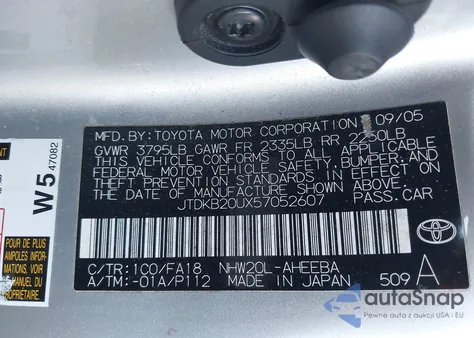2005 Toyota Prius z USA, uszkodzony, nr VIN JTDKB20UX57052607